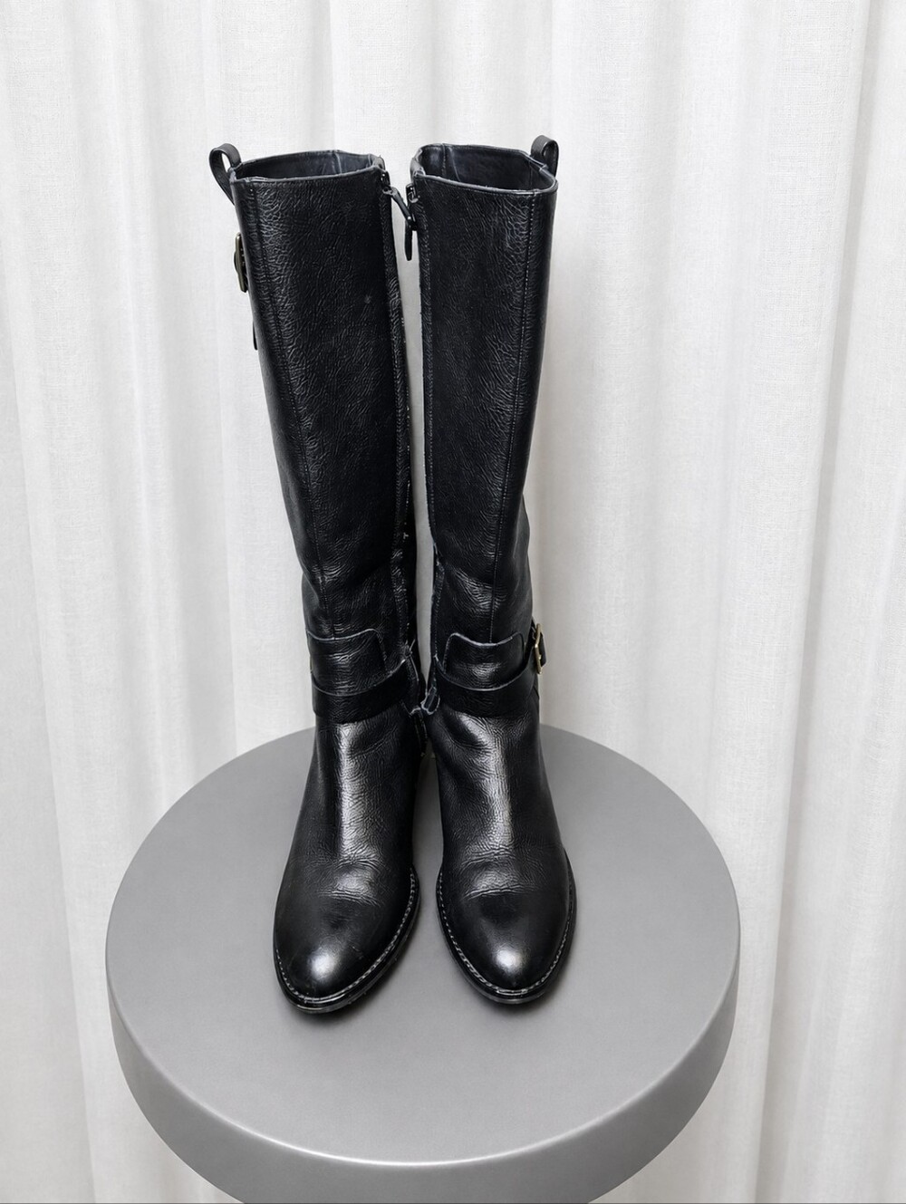 Cole Haan Kenmare Grand.OS Black Pebbled Leather Side Zip Tall Riding Boots